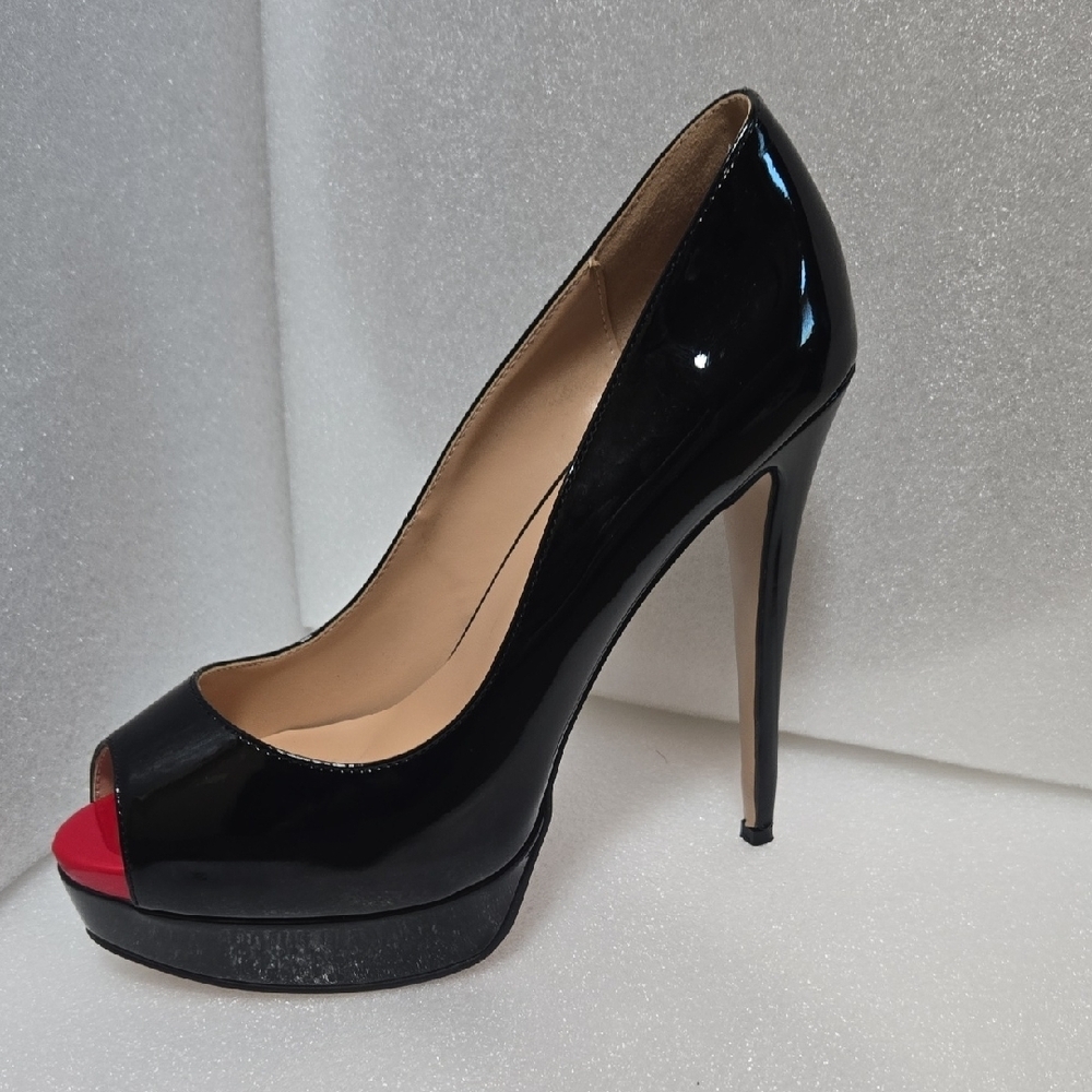 Marumote 6" SHINEY BLACK STILETTOS W/ RED PEEP VALENTINE'S  DIVA 9.5 - Picture 10 of 17